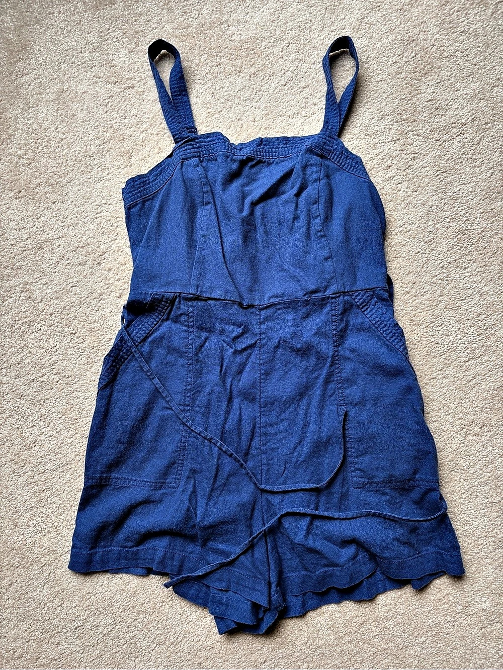 Old Navy Sleeveless Waist-Defined Linen-Blend Utility Romper Blue Large